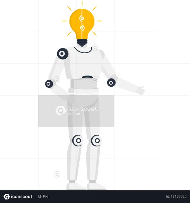 Humanoid robot with a glowing lightbulb head containing gears representing artificial intelligence creativity and technological innovation  Illustration