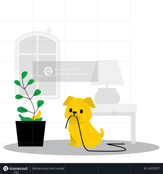 Hund sitzt in der Nähe von Blumentopf  Illustration
