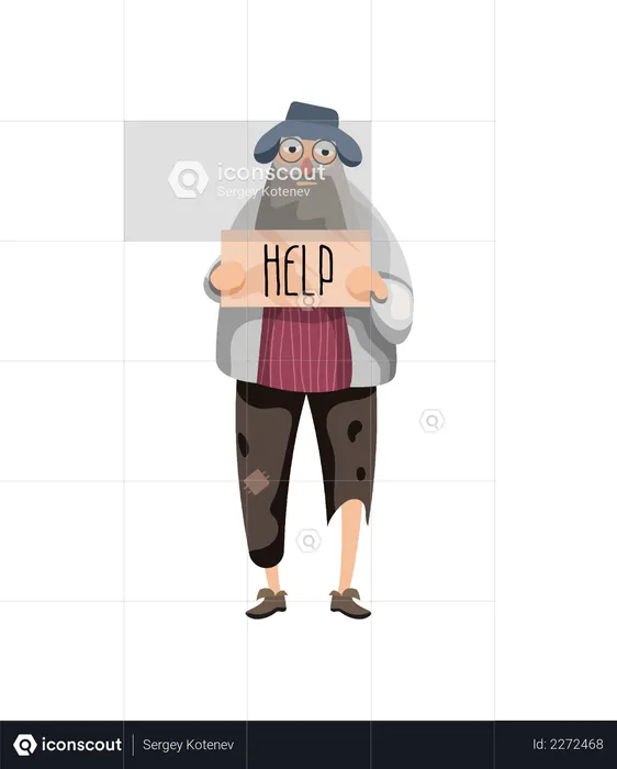 Hungry Beggar holding help board  Illustration