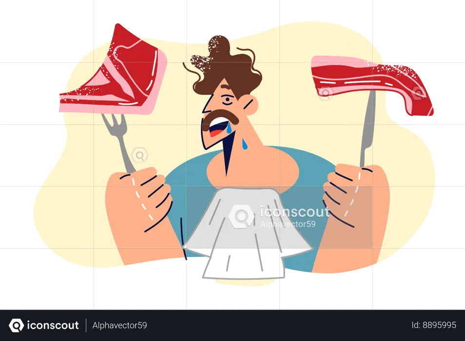 Hungry man holds two steaks  Illustration