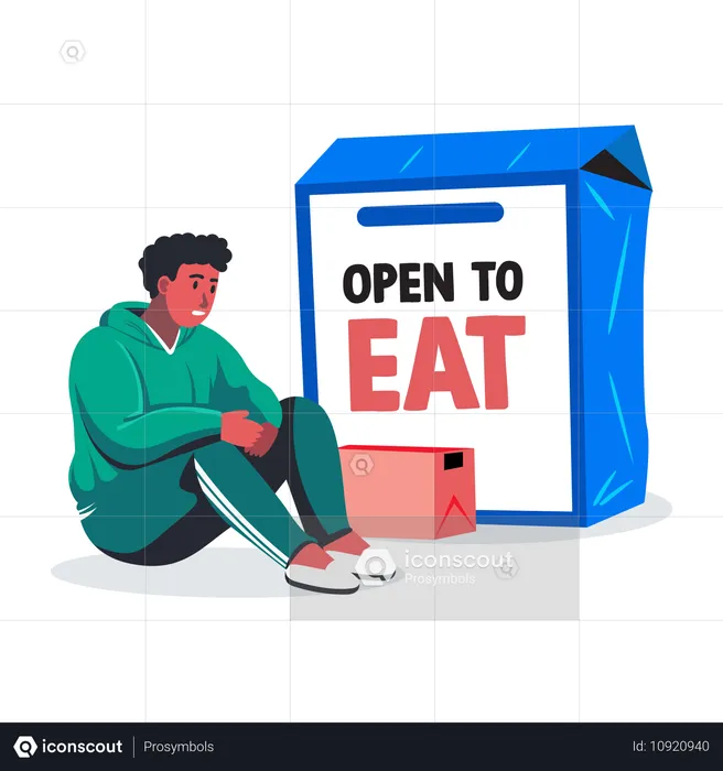 Hungry man with box written open to eat  Illustration