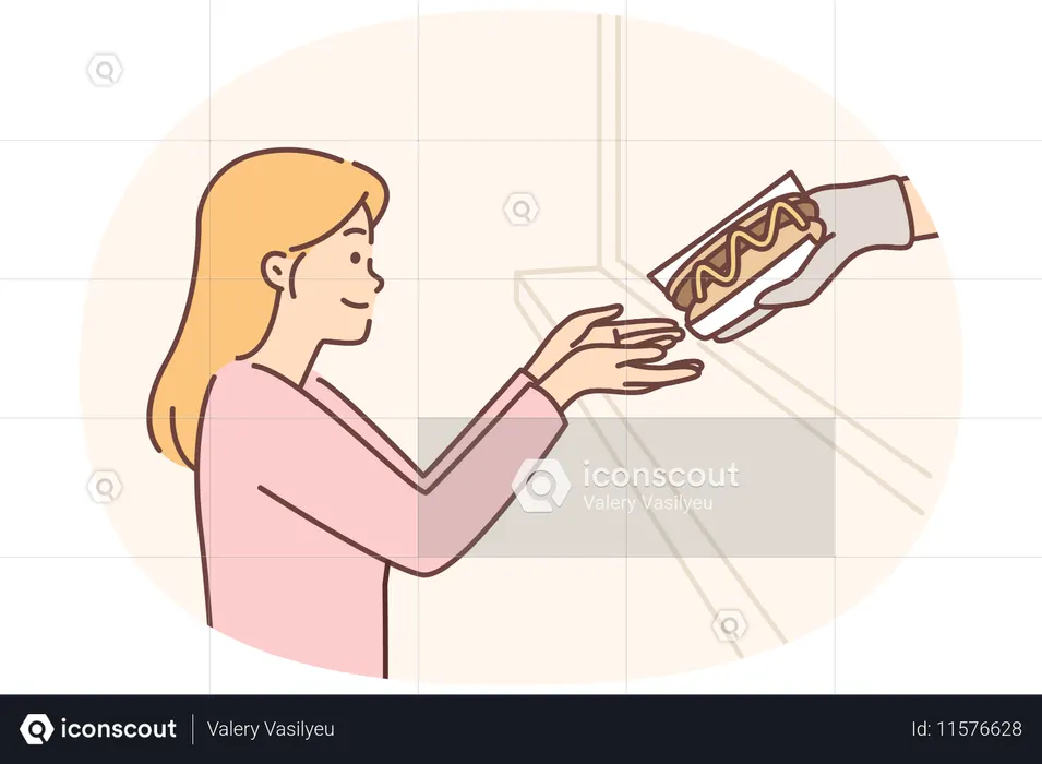 Hungry woman buys hot dog in fast food restaurant or street catering store with delicious sandwiches  Illustration