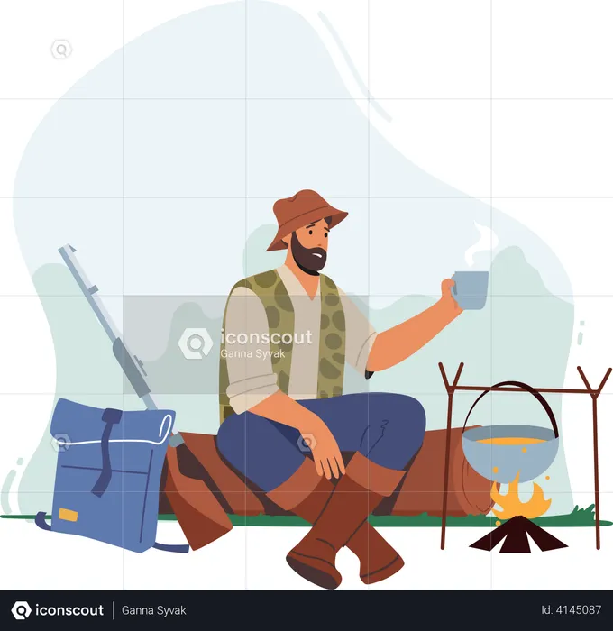 Hunter relaxing in camp  Illustration