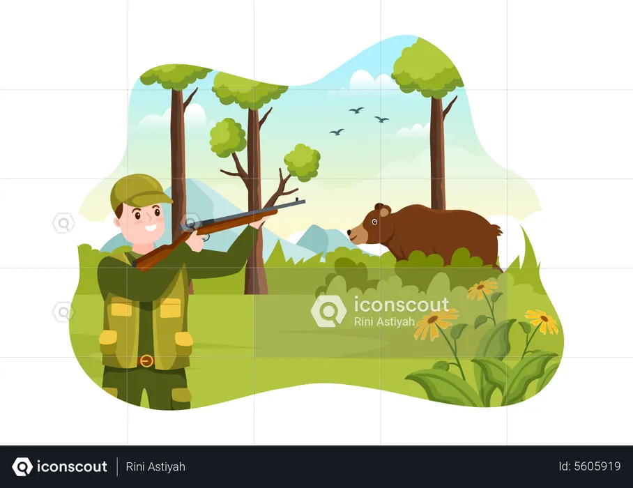 Hunter shooting bear  Illustration