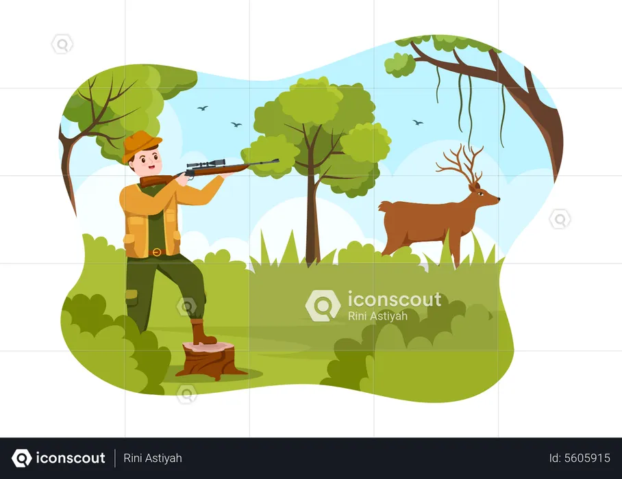 Hunter shooting deer  Illustration