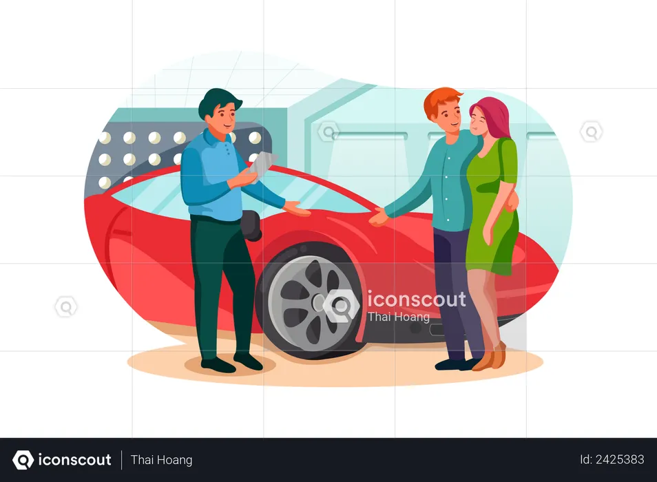 Husband and wife looking at sports car in showroom  Illustration