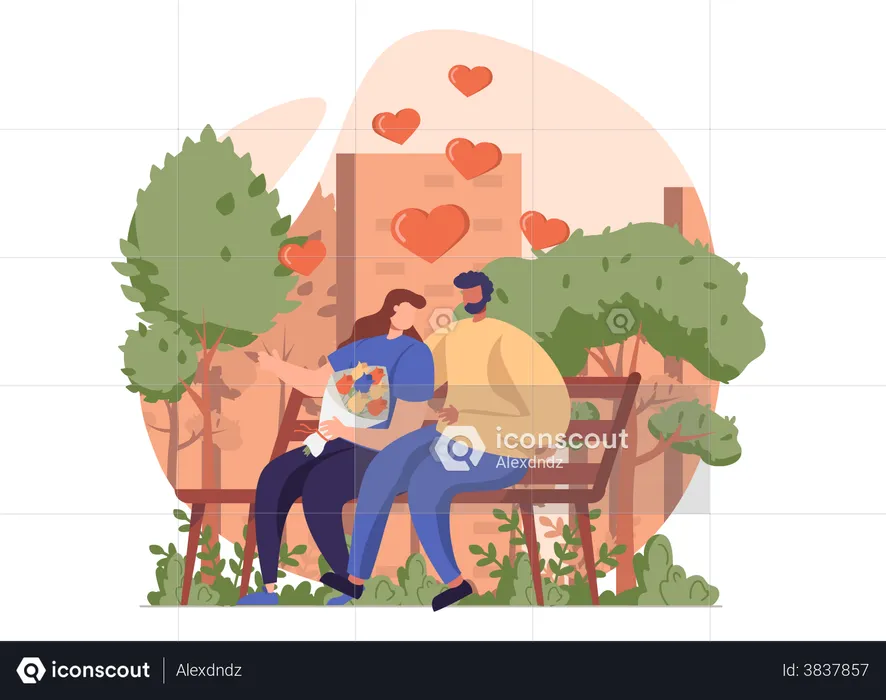 Husband and wife sitting on bench at the park  Illustration