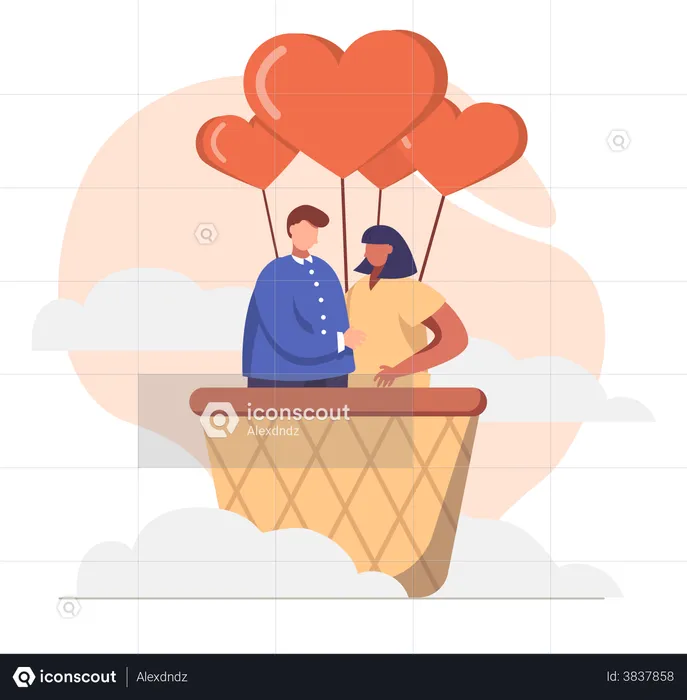Husband and wife travelling in hot air balloon  Illustration