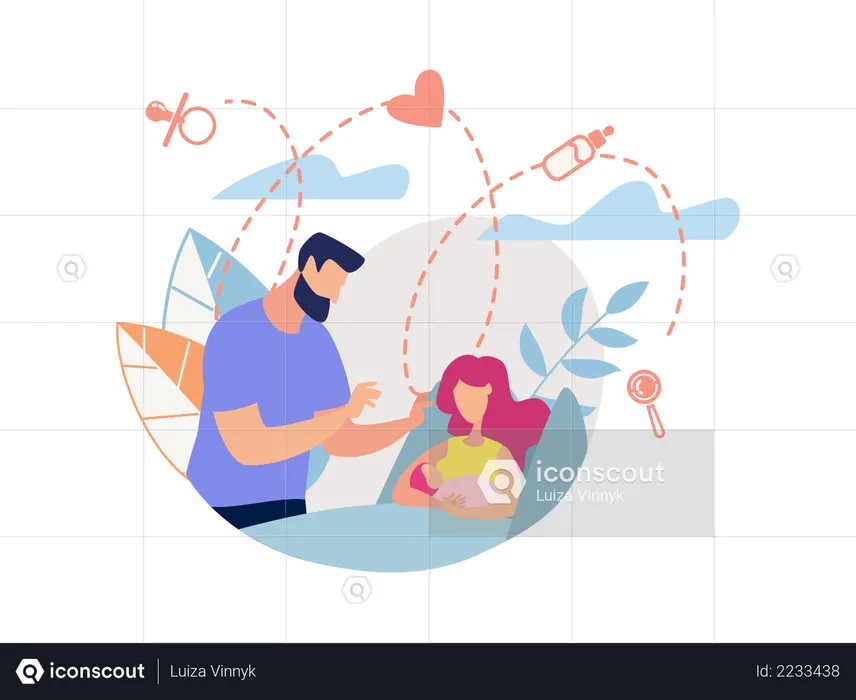 Husband caring his wife and new born baby  Illustration