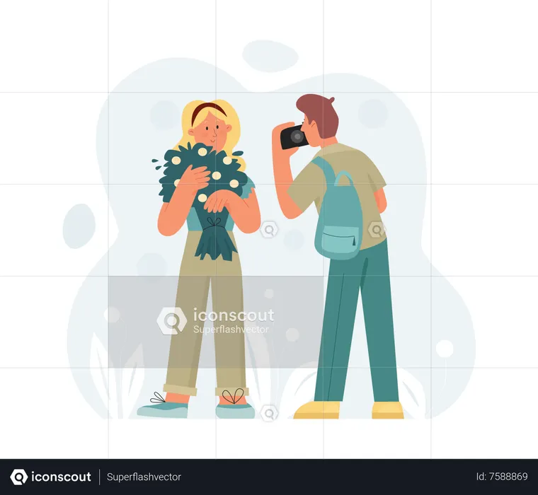 Husband clicking photo of wife with flowers  Illustration