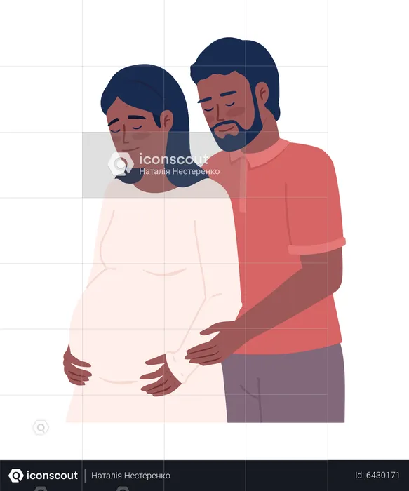Husband embracing expectant wife from behind  Illustration