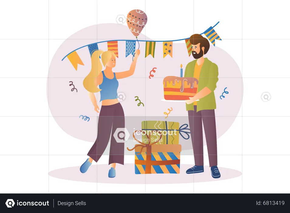 Husband give birthday surprise to wife  Illustration