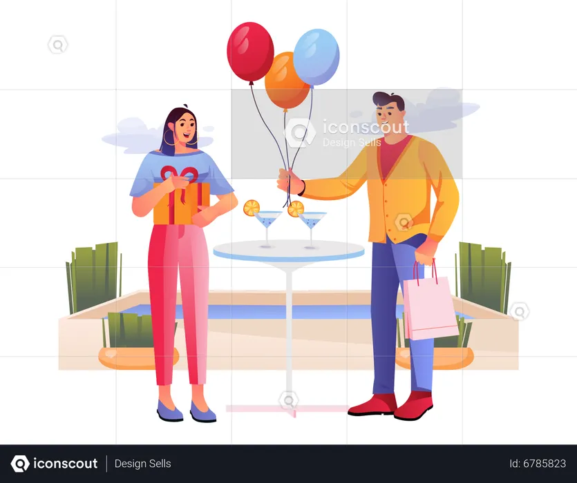 Husband giving birthday balloons to wife  Illustration