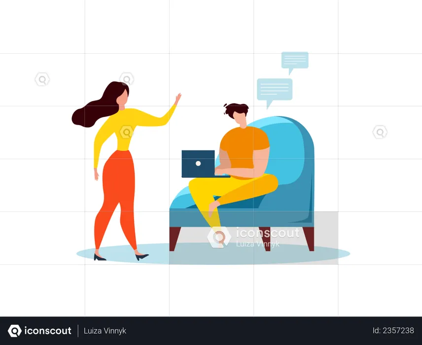 Husband working from home on laptop and wife disturbing  Illustration