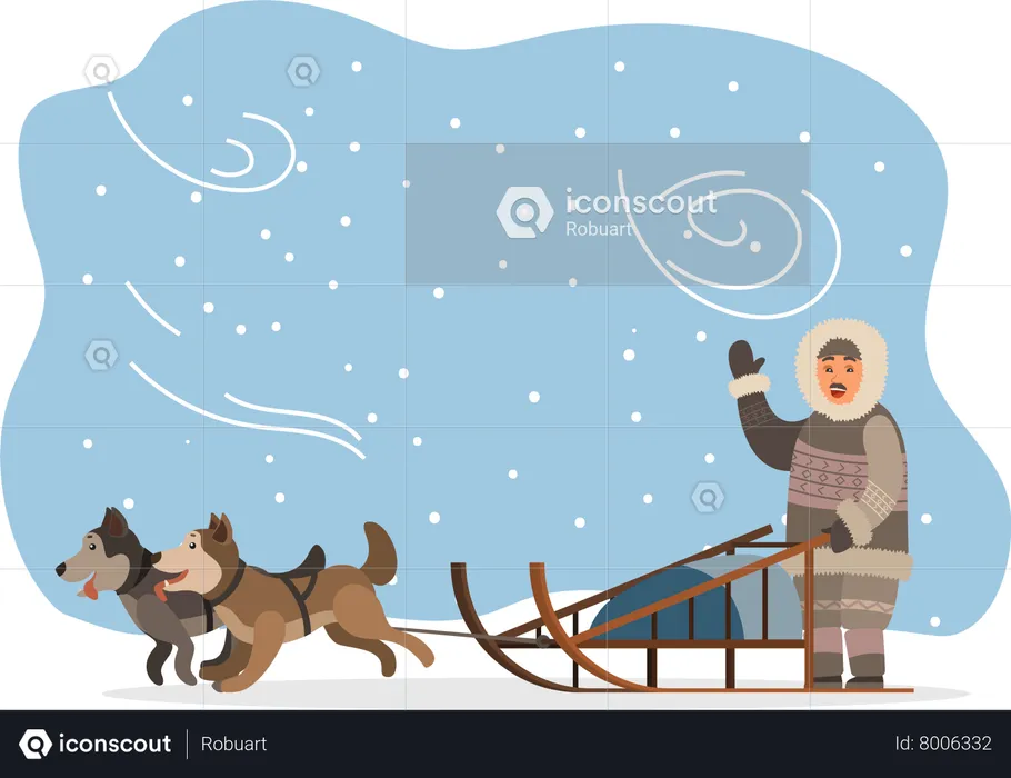 Husky Dogs and Eskimo in Fur Clothes with Sleigh  Illustration