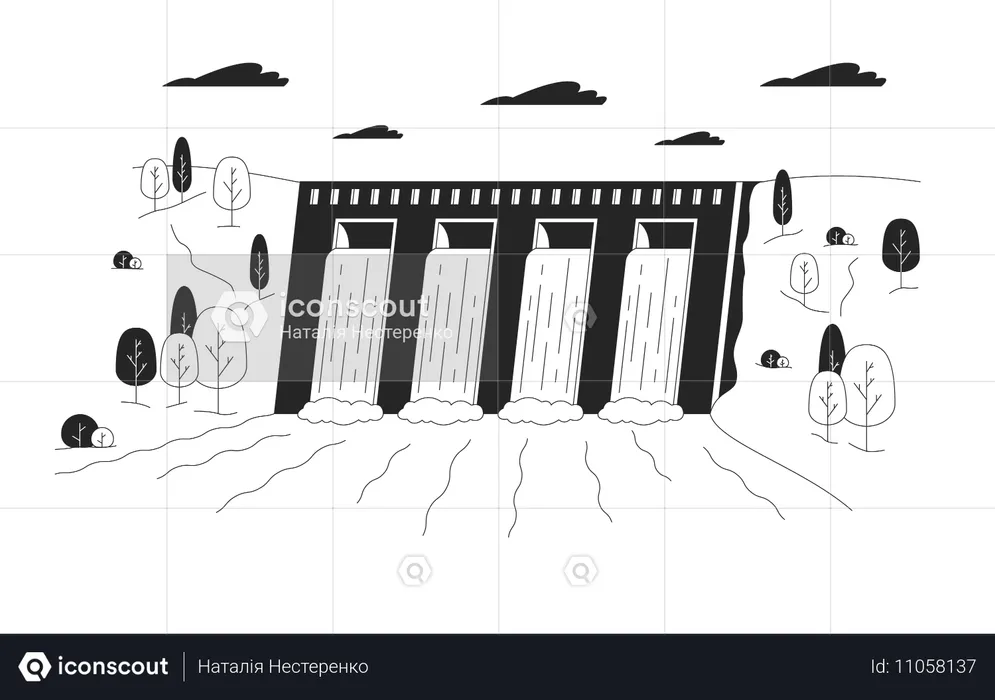 Hydroelectric dam with flowing water  Illustration