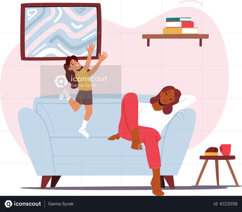 Hyperactive Child Jumping on Sofa while Tired Mom Sleeping  Illustration