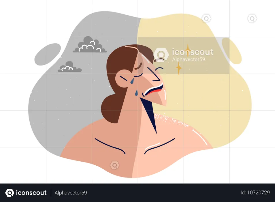 Hypersensitive woman suffers from bad weather and enjoys sun  Illustration