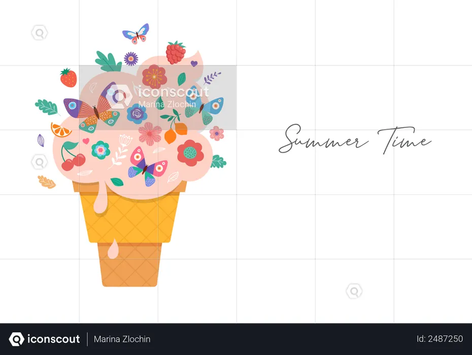 Ice cream cone with flowers, fruits and butterflies  Illustration