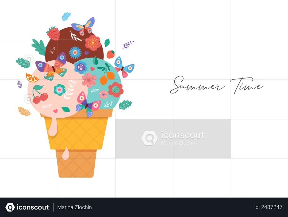 Ice cream cone with flowers, fruits and butterflies  Illustration