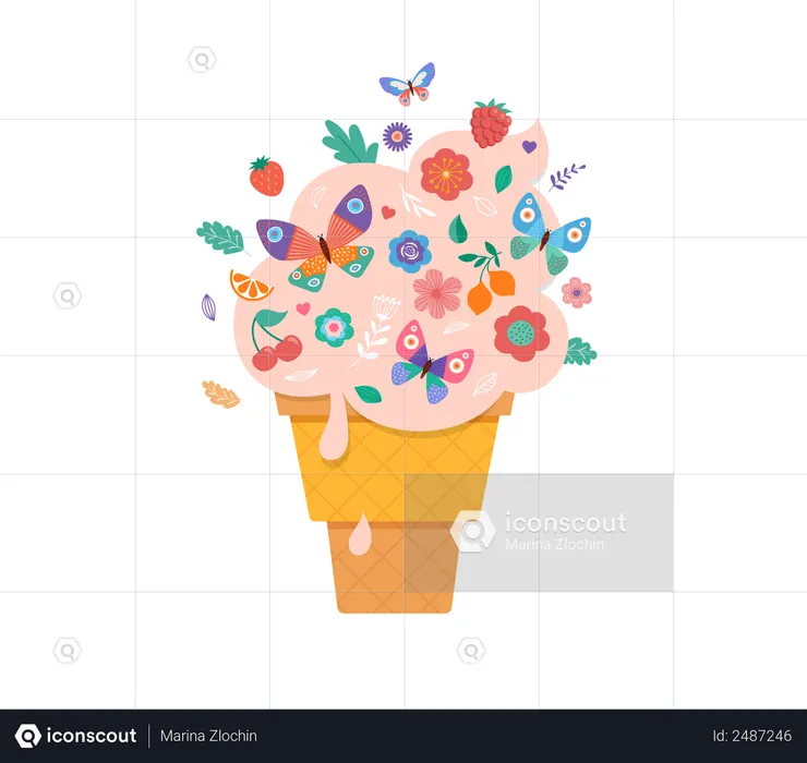 Ice cream cone with flowers, fruits and butterflies  Illustration