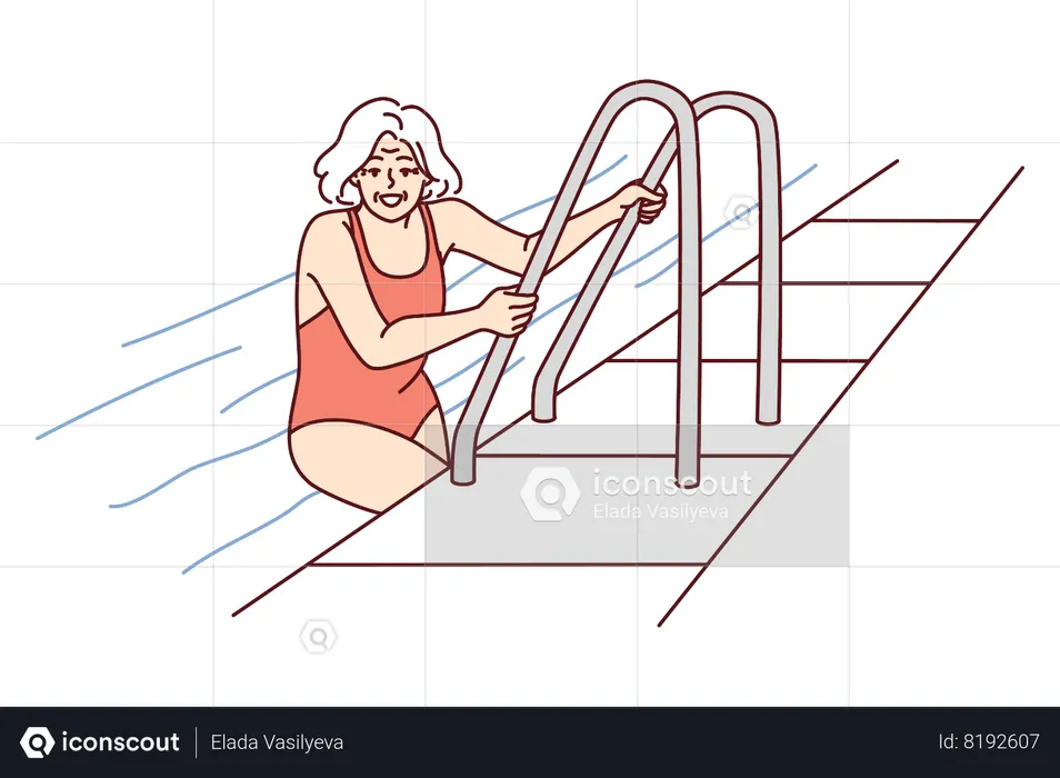 Mulher idosa saindo da piscina do hotel  Ilustração