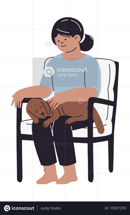 Mulher idosa sentada na cadeira com cachorro  Ilustração