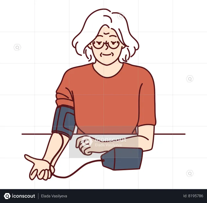 Mulher idosa usa tonômetro para medir pressão arterial  Ilustração