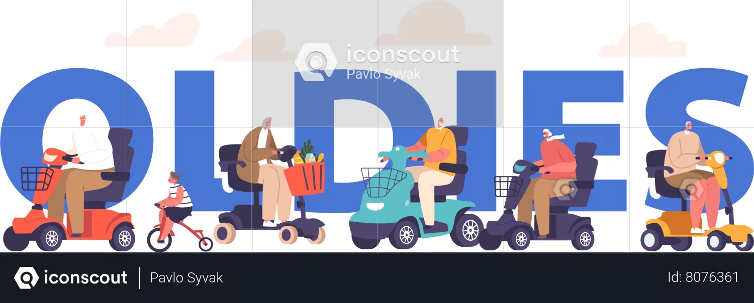 Idosos fazendo compras em scooters  Ilustração