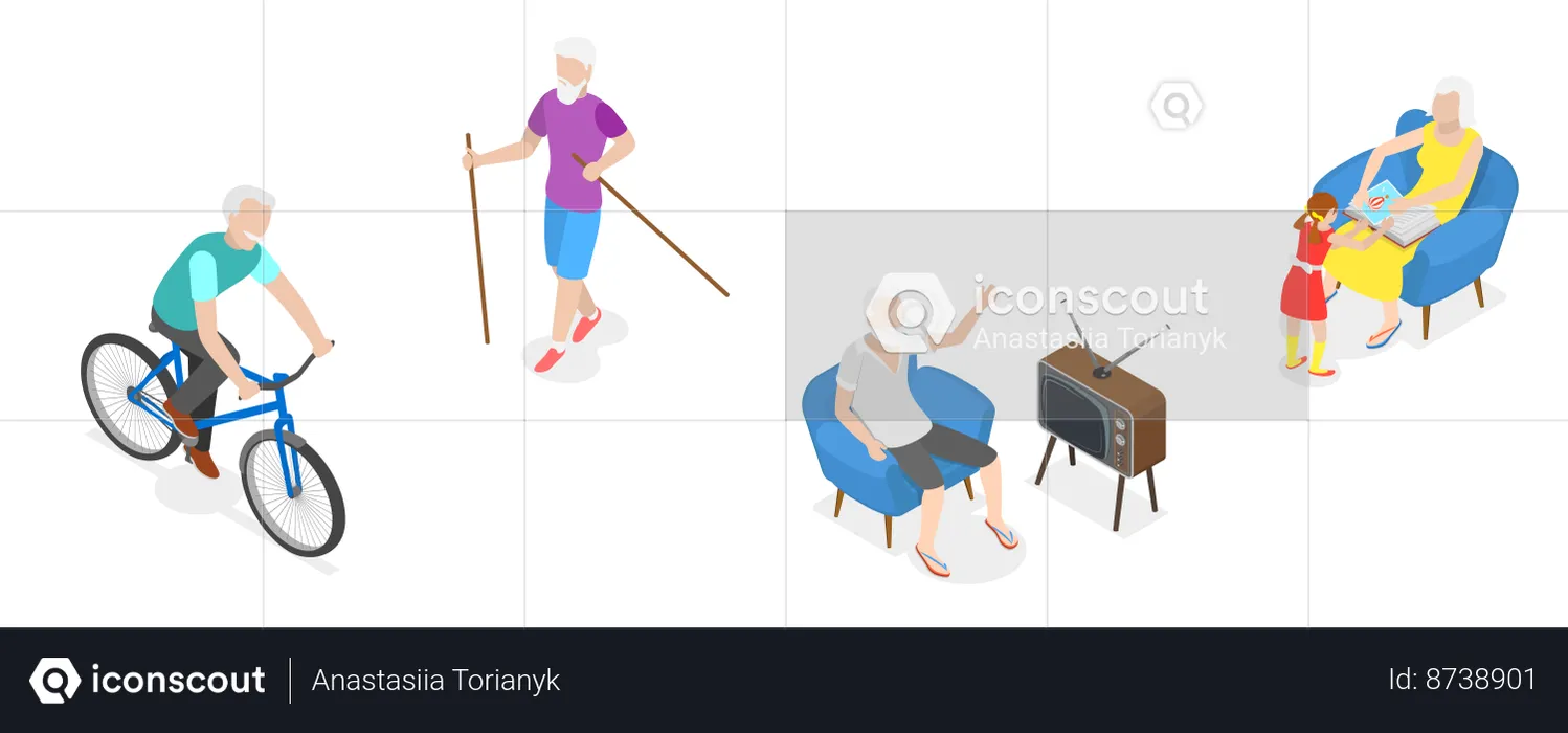 Idosos fazendo atividades diferentes  Ilustração