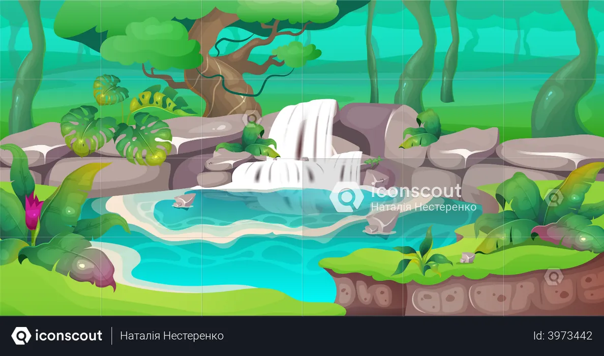 Idyllic Exotic Pond and Clear Water Stream  Illustration