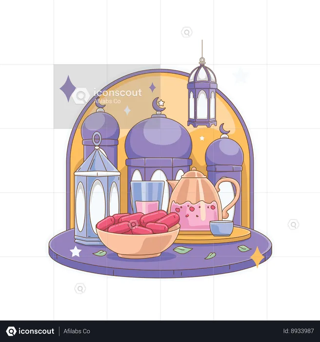 Iftar food and drink in front of mosque  Illustration