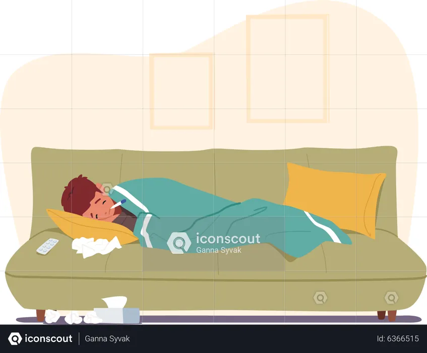 Ill boy sleeping on couch at home  Illustration