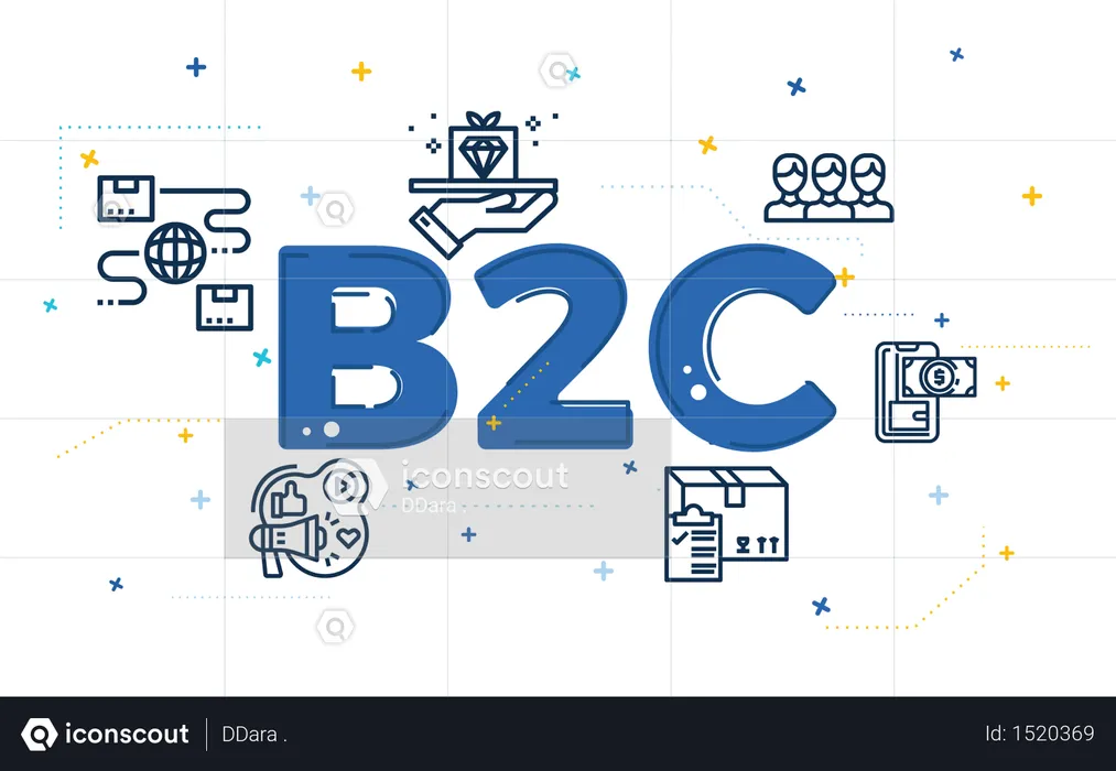 Illustration des Business-to-Customer-Konzepts (B2C) mit Umrisssymbolen  Illustration