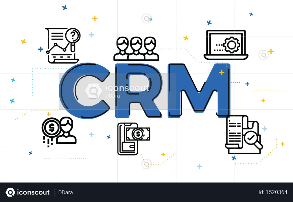 Illustration du concept de gestion de la relation client (CRM) avec des icônes de contour  Illustration