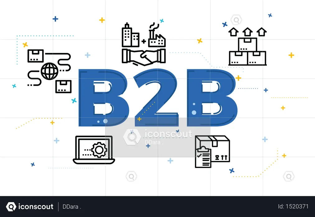 Illustration of business to business concept (B2B) with outline icons.  Illustration