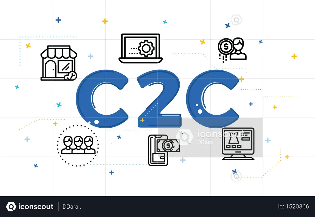 Illustration of customer to customer concept (C2C) with outline icons  Illustration