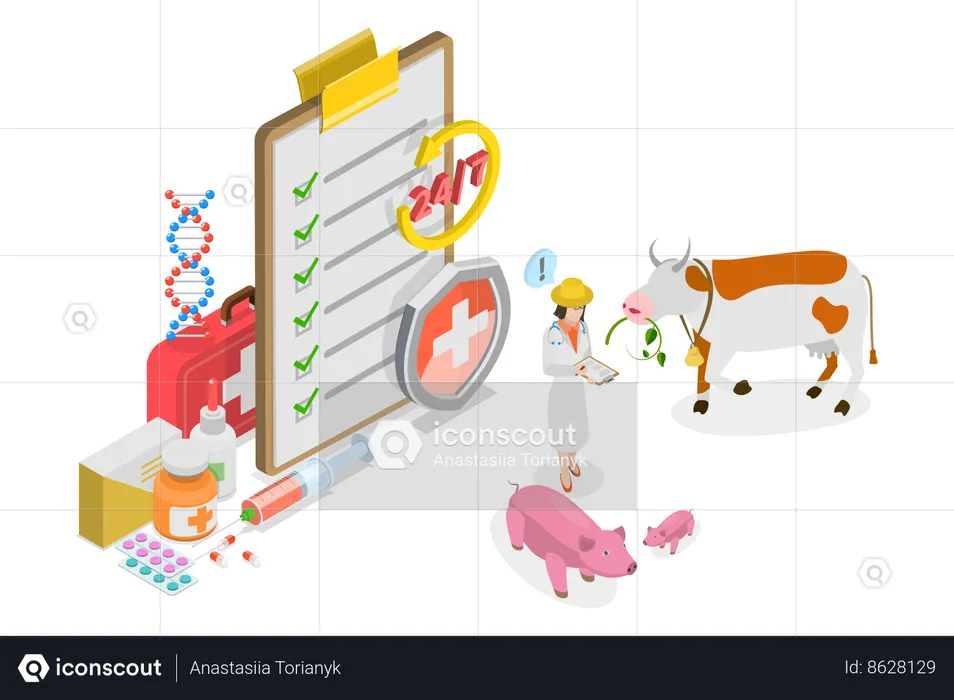 Illustration vectorielle plate isométrique 3D des soins de santé, du traitement et de la vaccination en matière d'élevage  Illustration