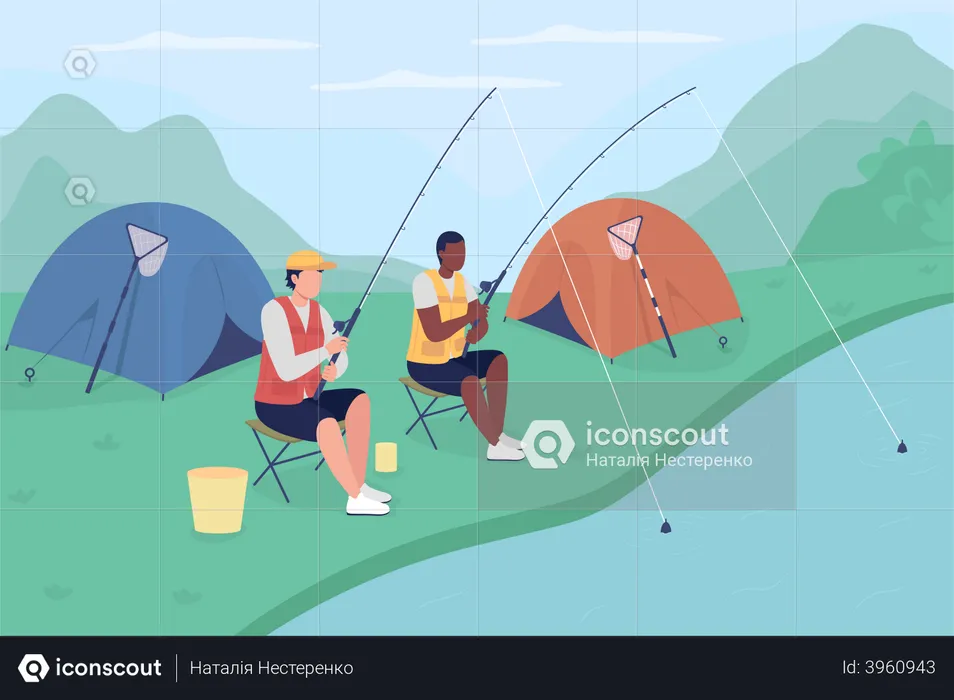 Turistas Masculinos Pescando  Ilustração