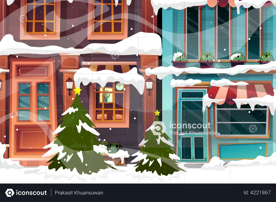 Ilustração vetorial do cenário de inverno da paisagem urbana com árvore de Natal e boneco de neve em queda de neve. Contexto urbano Uma paisagem urbana pacífica coberta de neve por todo o Natal. Cidade de inverno com edifícios nevados.  Ilustração