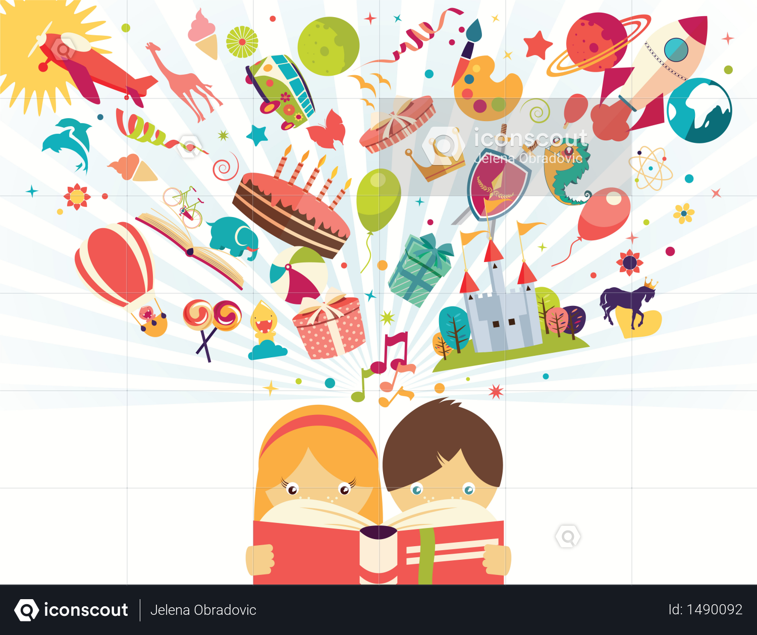 Premium Imagination concept, boy and girl reading a book objects flying