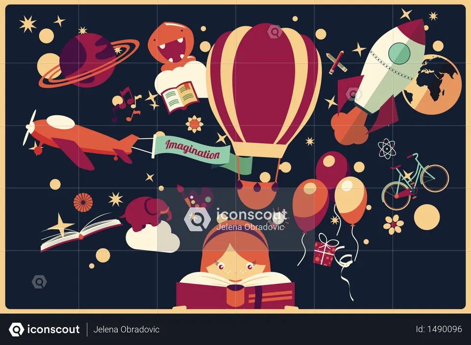 Imagination concept - girl reading a book with air balloon, rocket and airplane flying out, night sky  Illustration