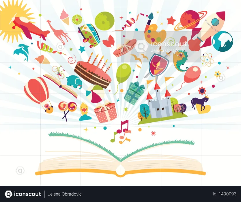 Imagination concept - open book with air balloon, rocket, airplane flying out  Illustration