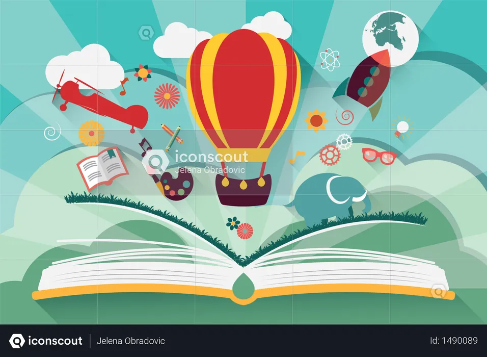 Imagination concept - open book with air balloon, rocket and airplane flying out  Illustration