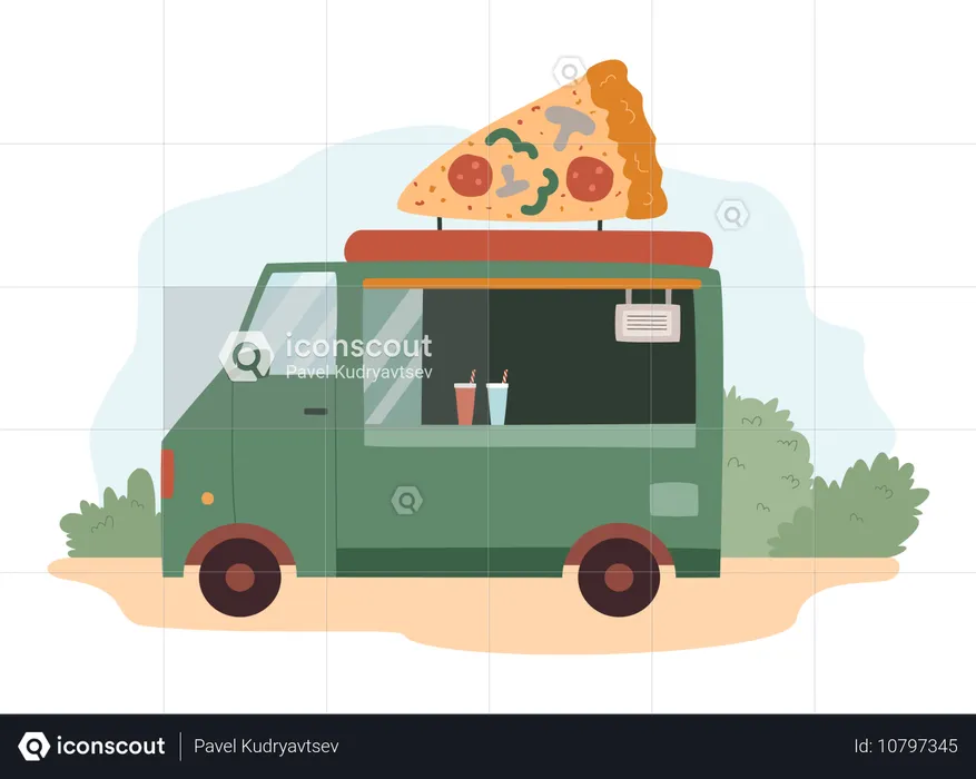 Imbisswagen oder Truck im Park mit Pizzastück  Illustration