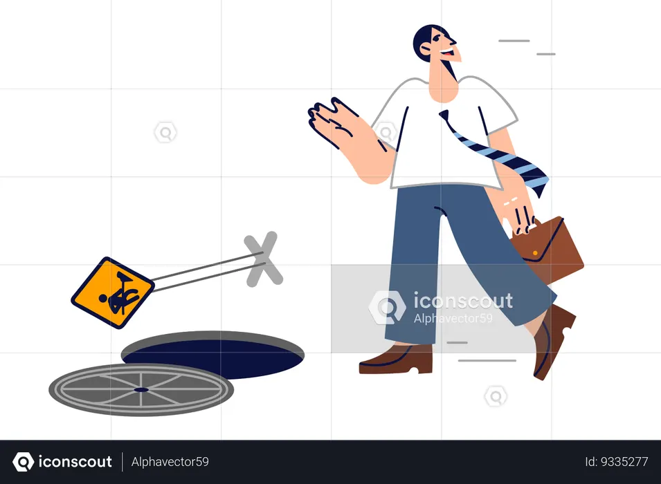 Inattentive businessman risks falling into open manhole  Illustration