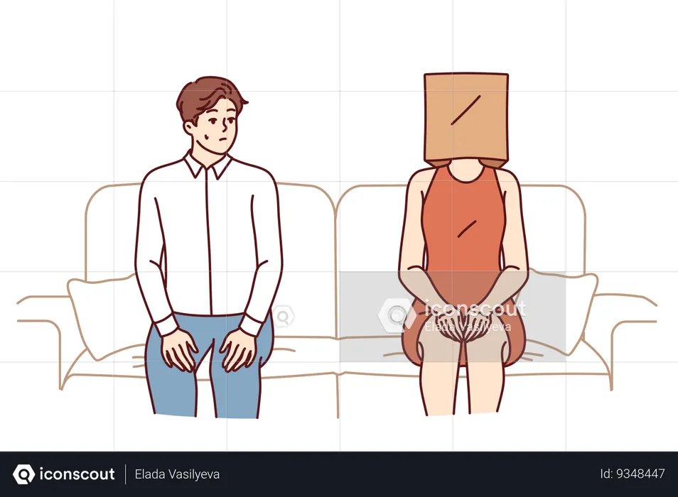 Indecisive man sits near woman with paper bag on head and is afraid of becoming acquainted  Illustration