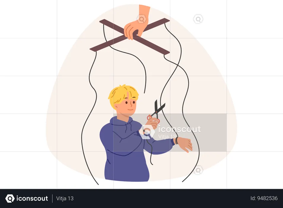 Independent boy frees himself from parental manipulation by cutting puppeteer ropes  Illustration