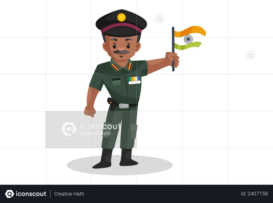 Indian army office holding Indian flag  Illustration