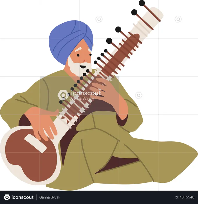 Indian Artist Musician Playing Sitar  Illustration